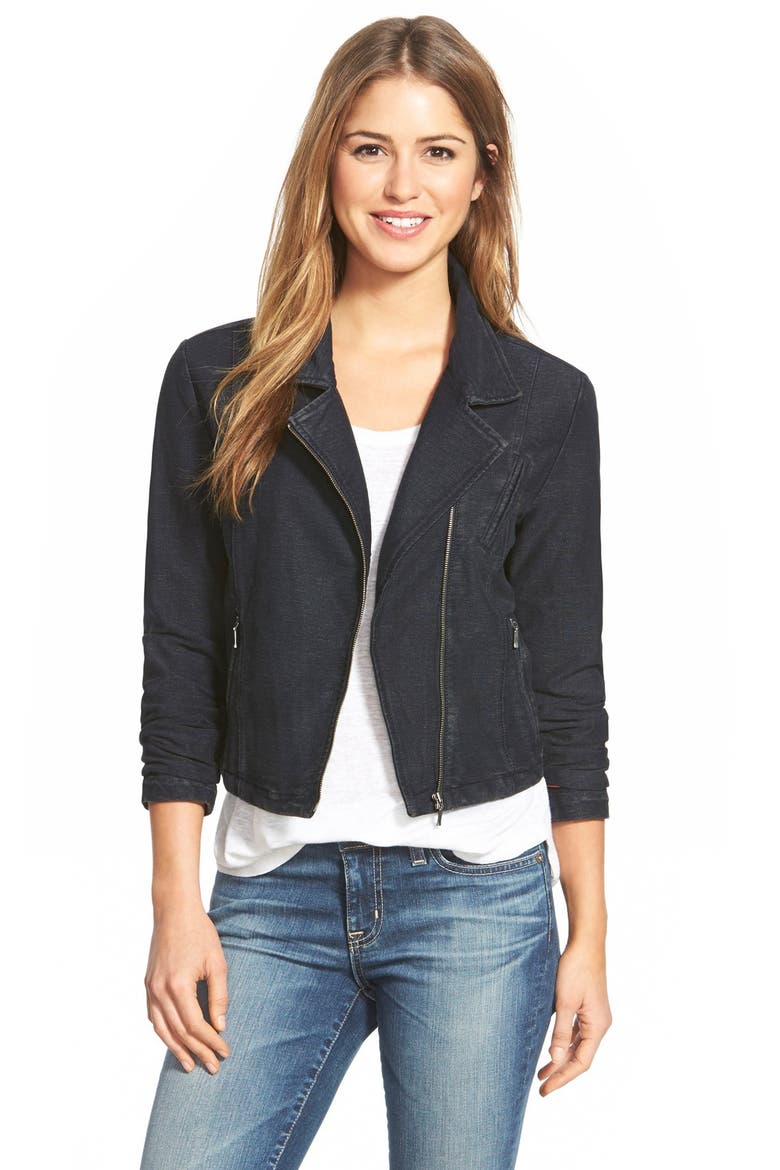 Knit Denim Moto Jacket, Main, color, SUPER DARK INDIGO