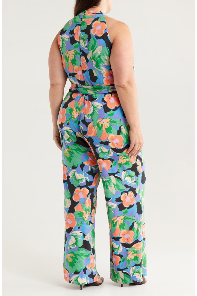 Print Twist Neck Tie Waist Sleeveless Jumpsuit, Alternate, color, BLACK MULTI