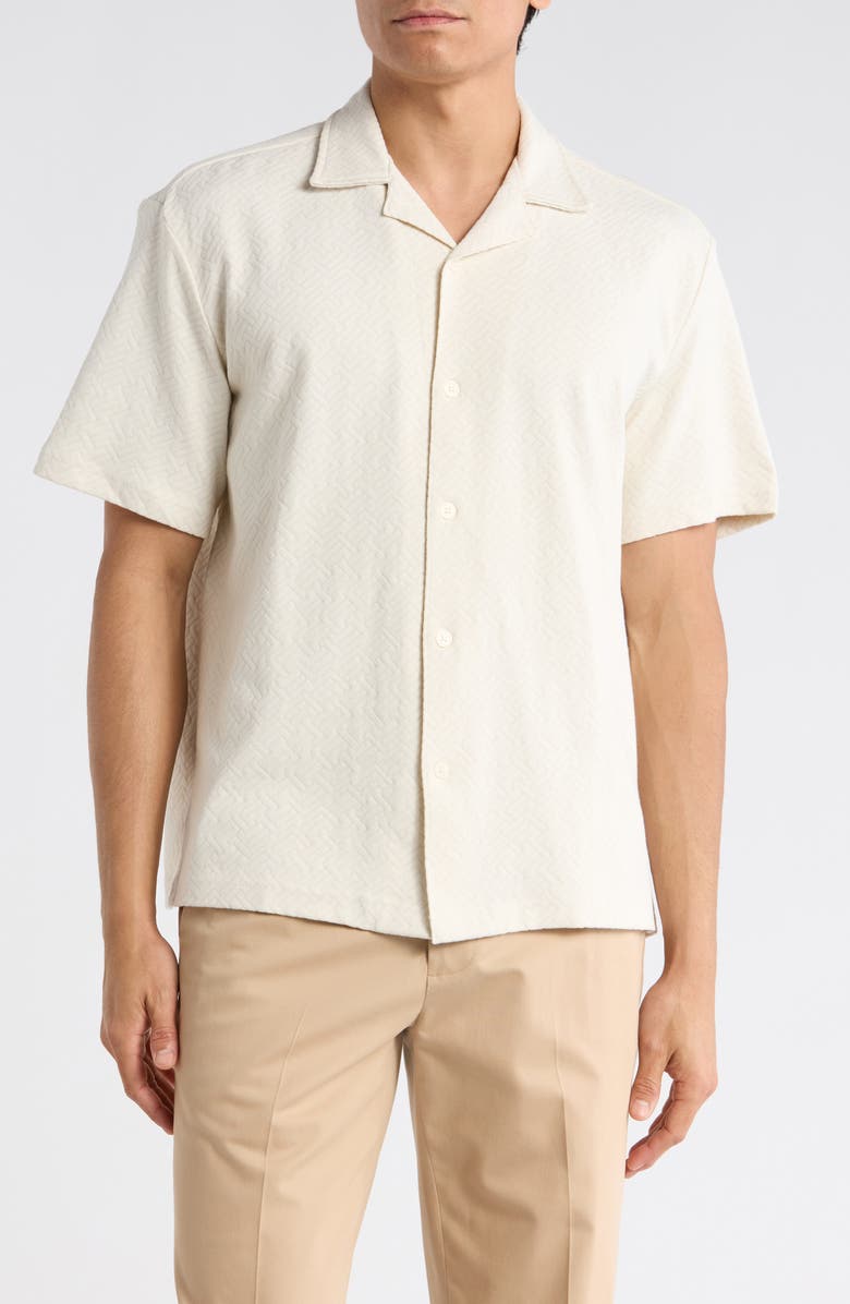 DENIM AND FLOWER Texture Short Sleeve Button-Up Shirt, Main, color, Cream