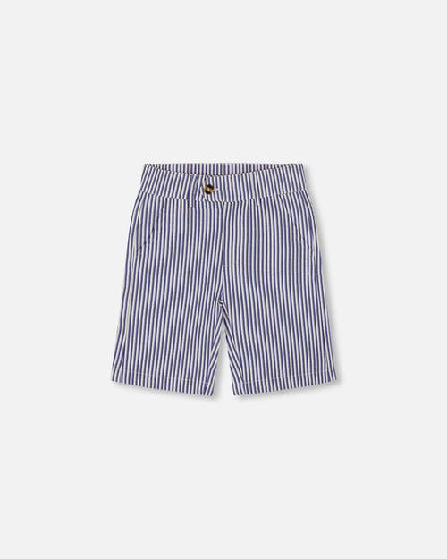 Deux Par Deux Little Boy's Slant Pocket Bermuda Shorts Royal Blue Striped In Cream Striped Blue