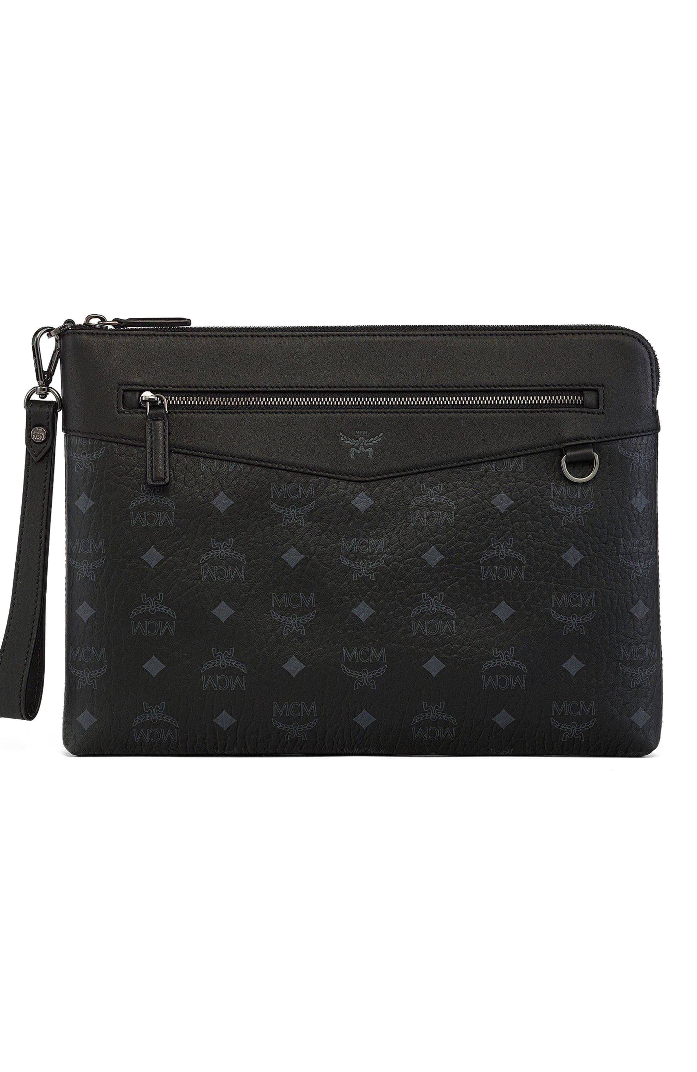 MCM Diamond Wristlet Pouch in Visetos, Alternate, color, Black