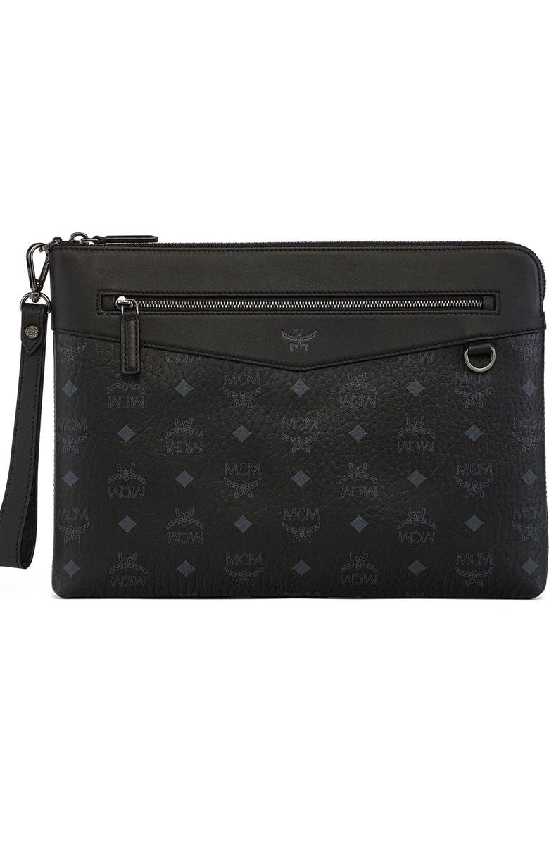 MCM Diamond Wristlet Pouch in Visetos, Alternate, color, Black