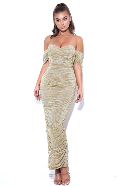 Gene Ruched Off Shoulder Chiffon Dress