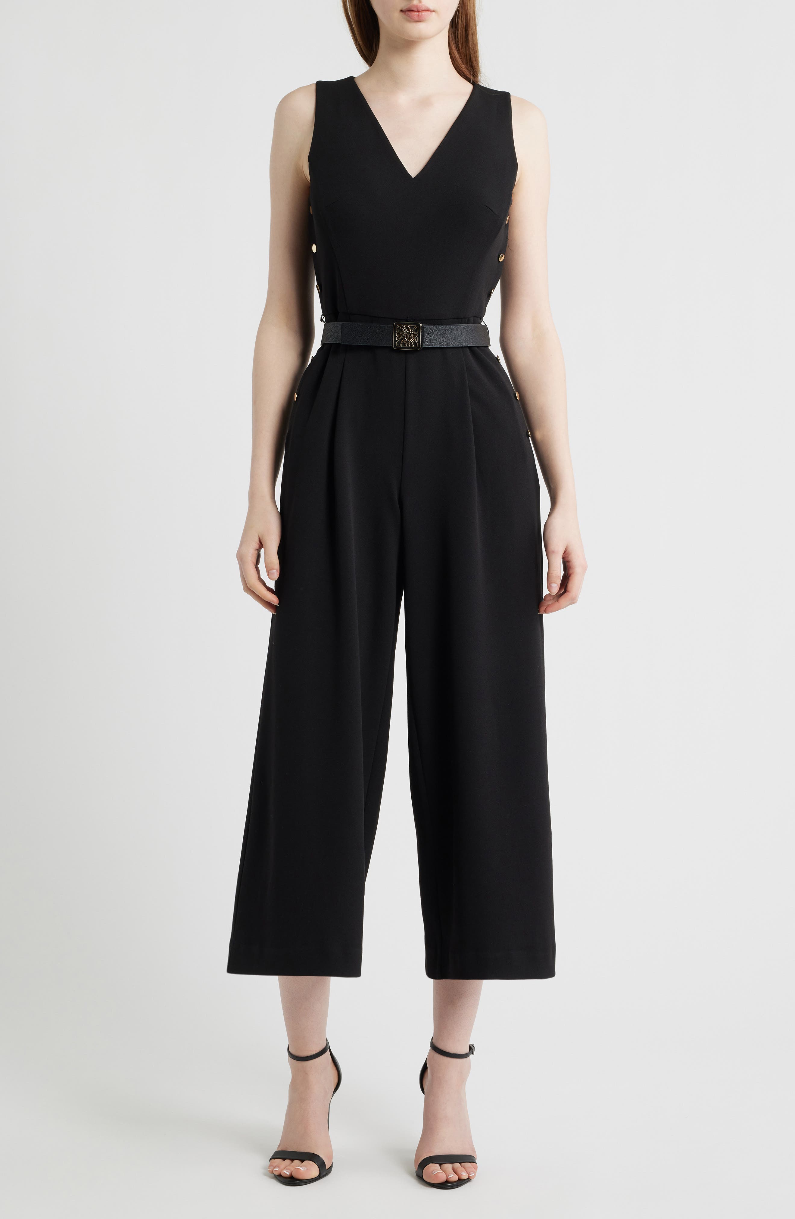 AK ANNE KLEIN Side Button Cool Crepe Culotte Jumpsuit