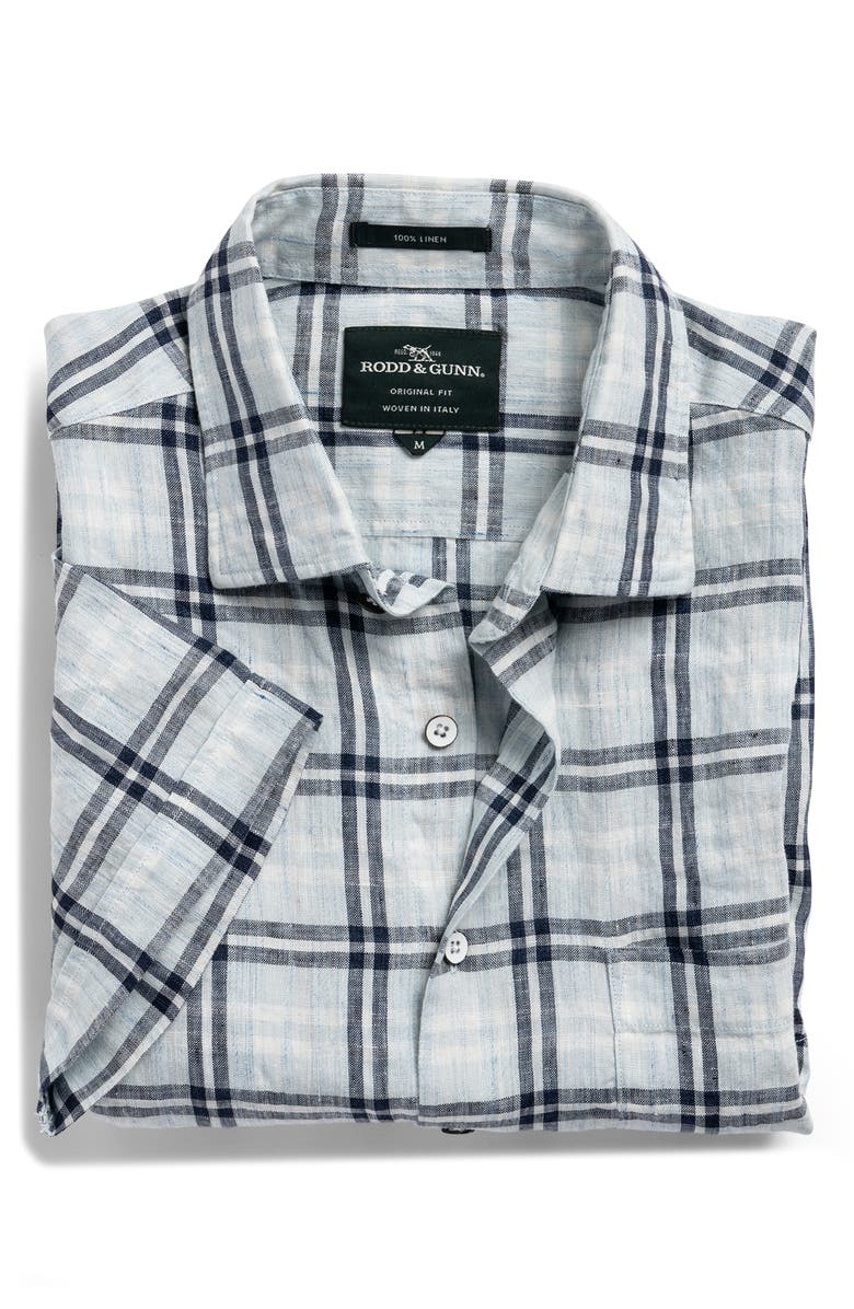 Rodd & Gunn Harwich Plaid Short Sleeve Linen Button-Up Shirt, Alternate, color, Chambray