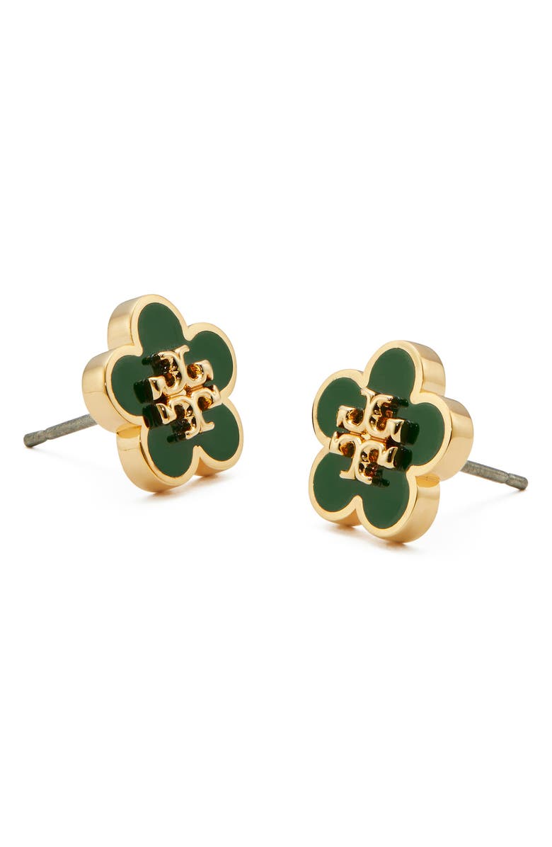 Tory Burch Forget Me Not Enamel Stud Earrings, Alternate, color, Tory Gold / Dark Kale