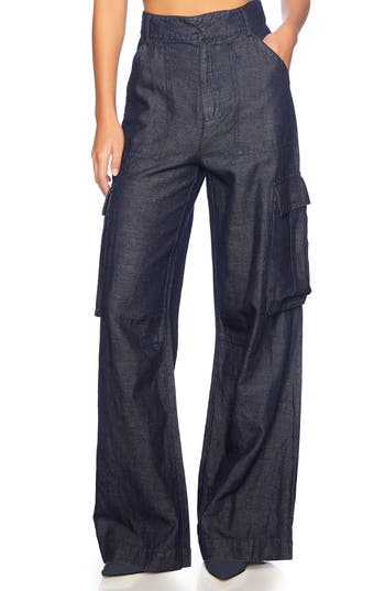 Susana Monaco Stretch Cotton & Linen Denim Cargo Pants In Blue