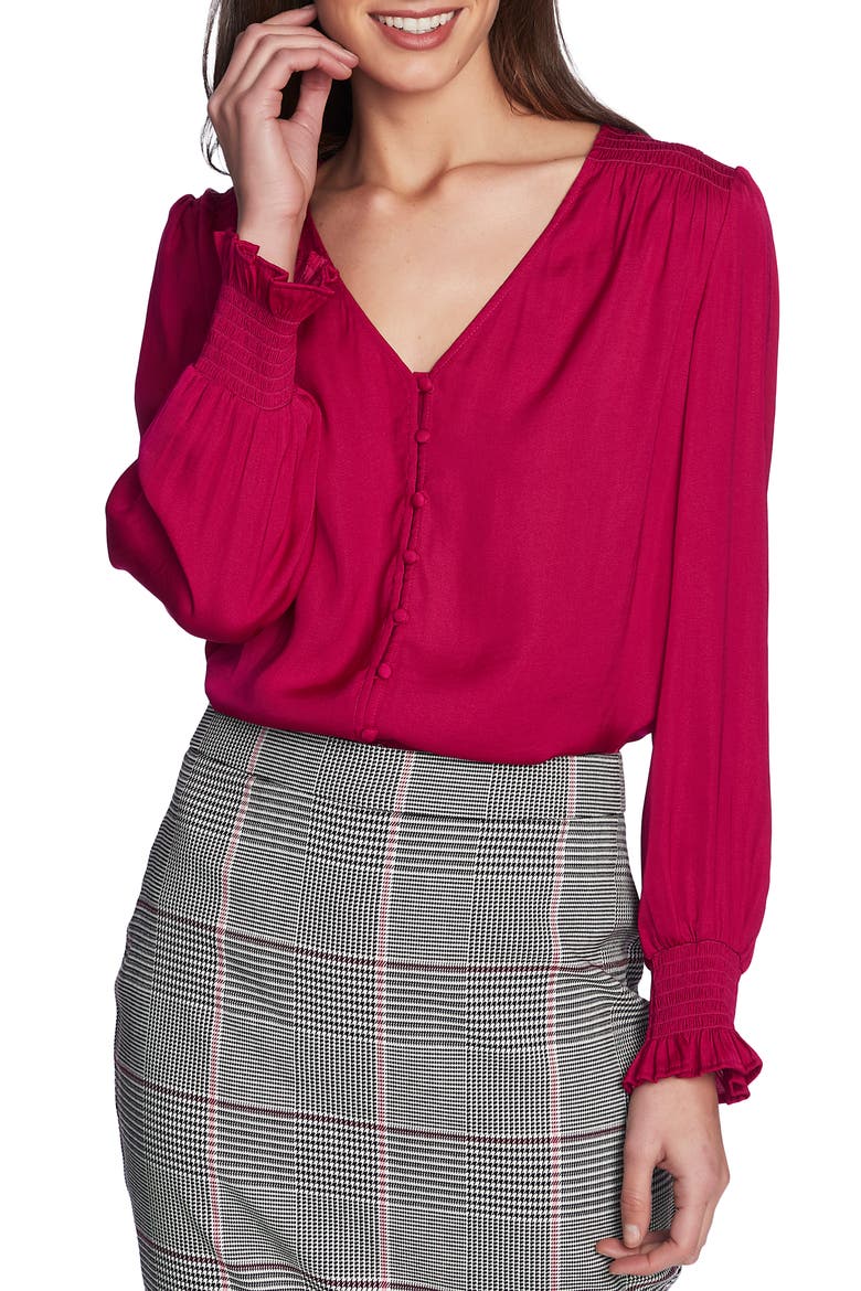 Smocked Detail Button-Up Blouse, Main, color, WILD FUCHSIA