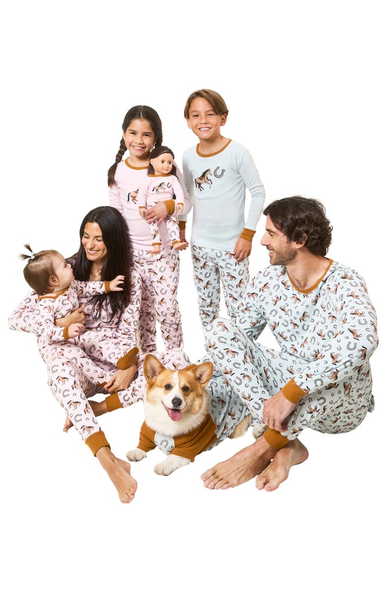 Leveret Kids Footed Printed Cotton Matching Family Pajamas, Coordinated Prints, Alternate, color, Pink Horse