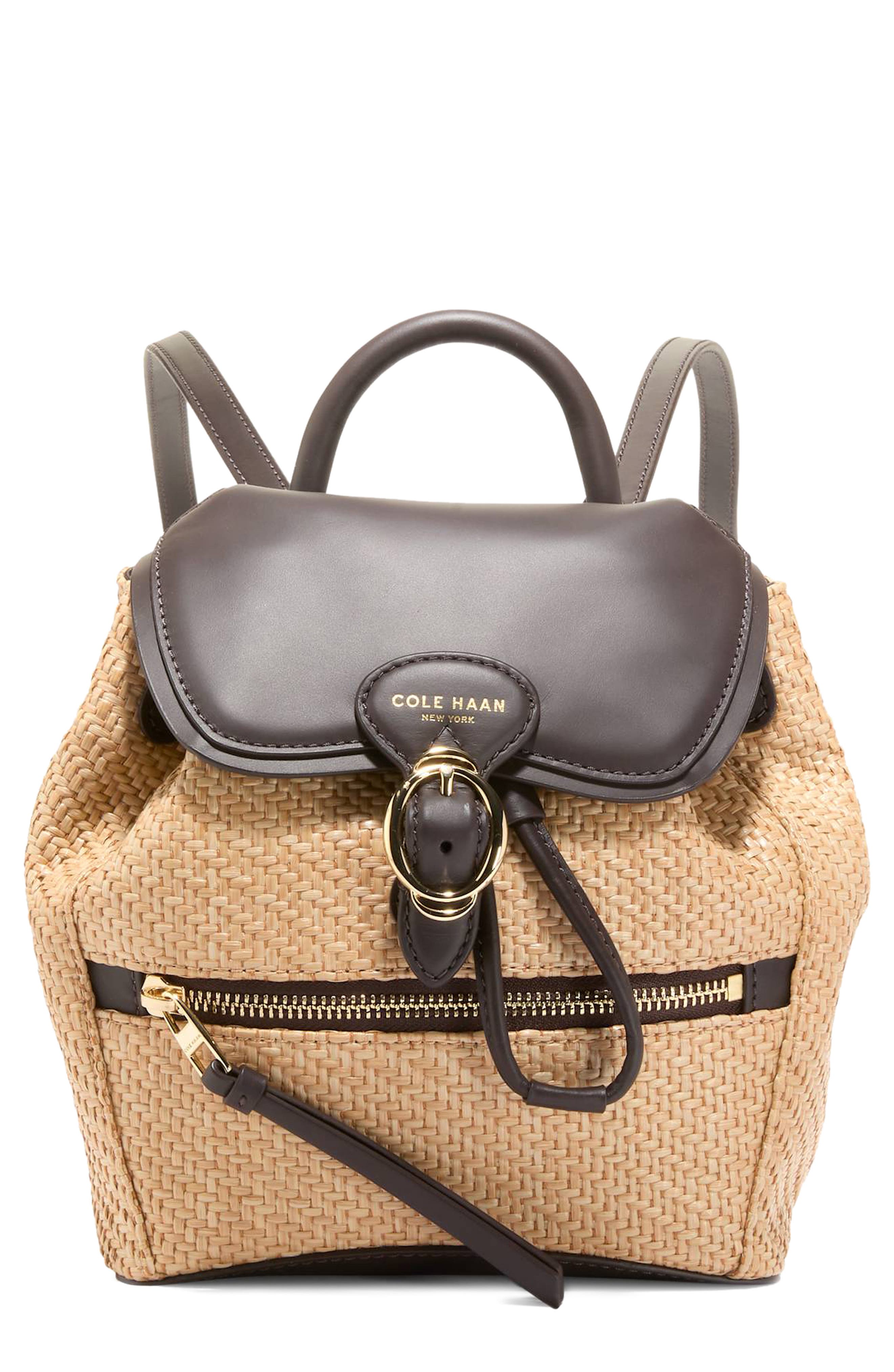 Cole Haan Alexandria Small Backpack, Main, color, Natural Raffia /Dark Chocolate