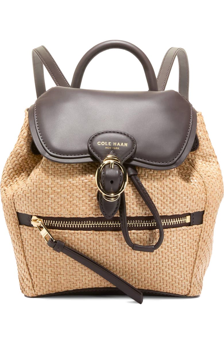 Cole Haan Alexandria Small Backpack, Main, color, Natural Raffia /Dark Chocolate