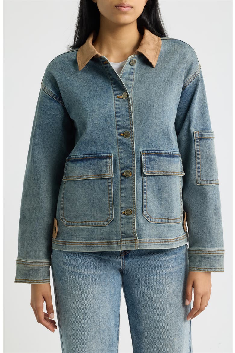Faux Suede Collar Denim Jacket, Alternate, color, INDIGO