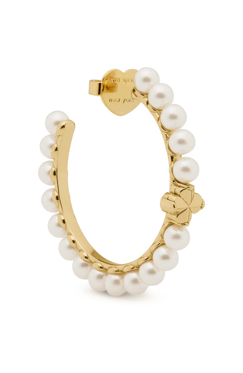 Kate Spade New York spade flower faux pearl hoop earrings, Alternate, color, White Gold.
