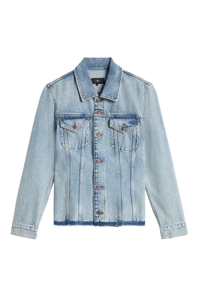 Cinched Release Fray Hem Denim Trucker Jacket, Alternate, color, BLUE EROSION