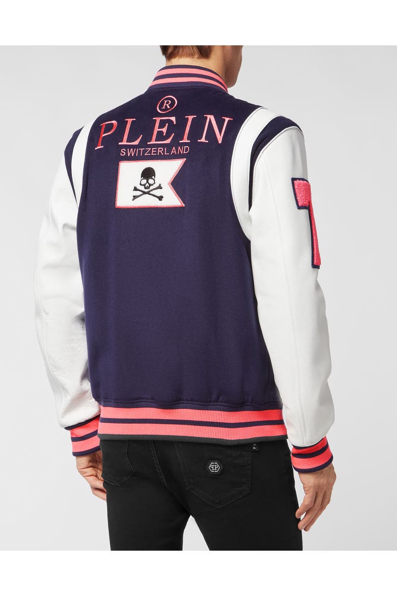 Embroidered Patch Varsity Jacket College Men, Alternate, color, darkblue