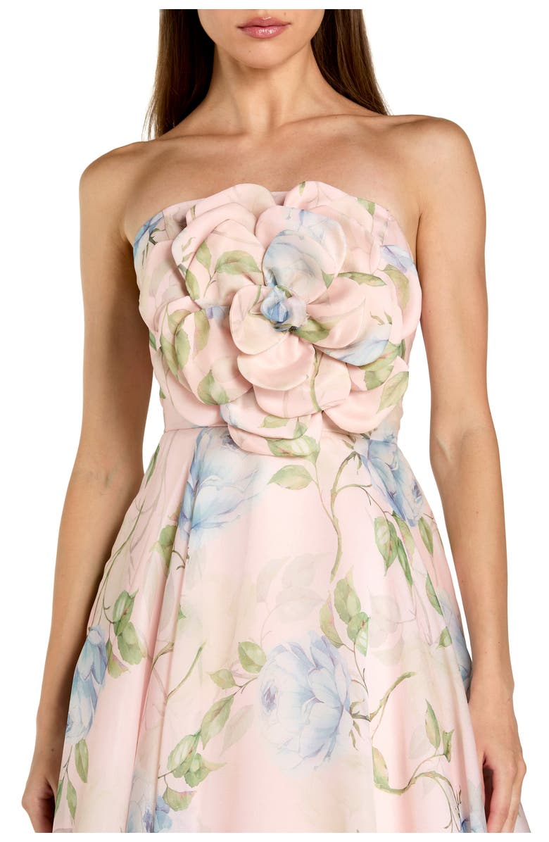 Mac Duggal Strapless Floral Organza Midi Dress With Flower, Alternate, color, Powder Blue Multi