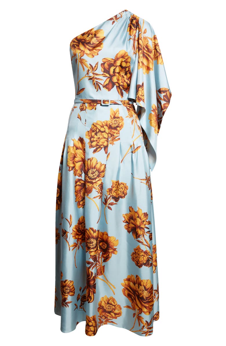 Oscar de la Renta Peony One-Shoulder Silk Twill Midi Dress, Alternate, color, Brown/Ice Blue