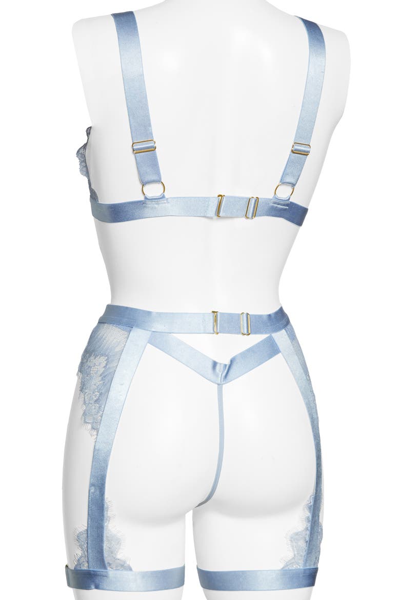 Open Cup Bralette, High Waist Panties & Suspenders Set, Alternate, color, BRUNNERA BLUE