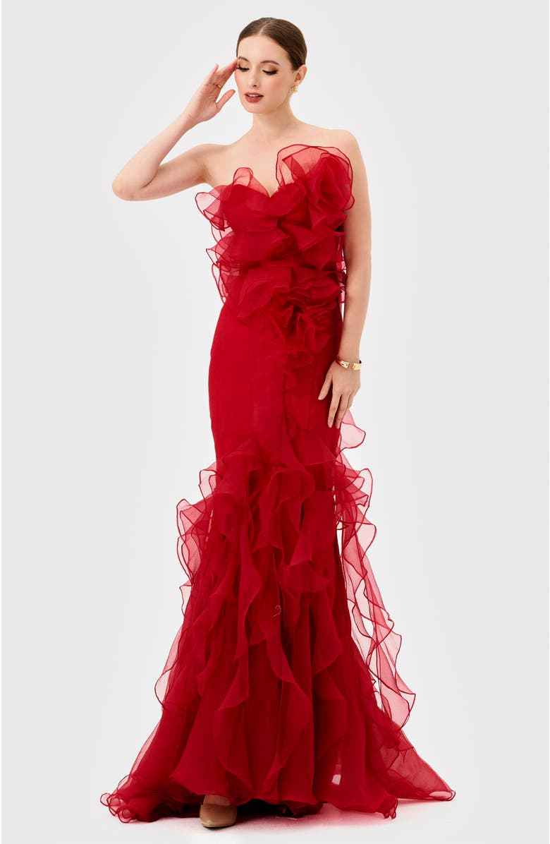 Bariano Zita Strapless Ruffle Gown, Alternate, color, Red