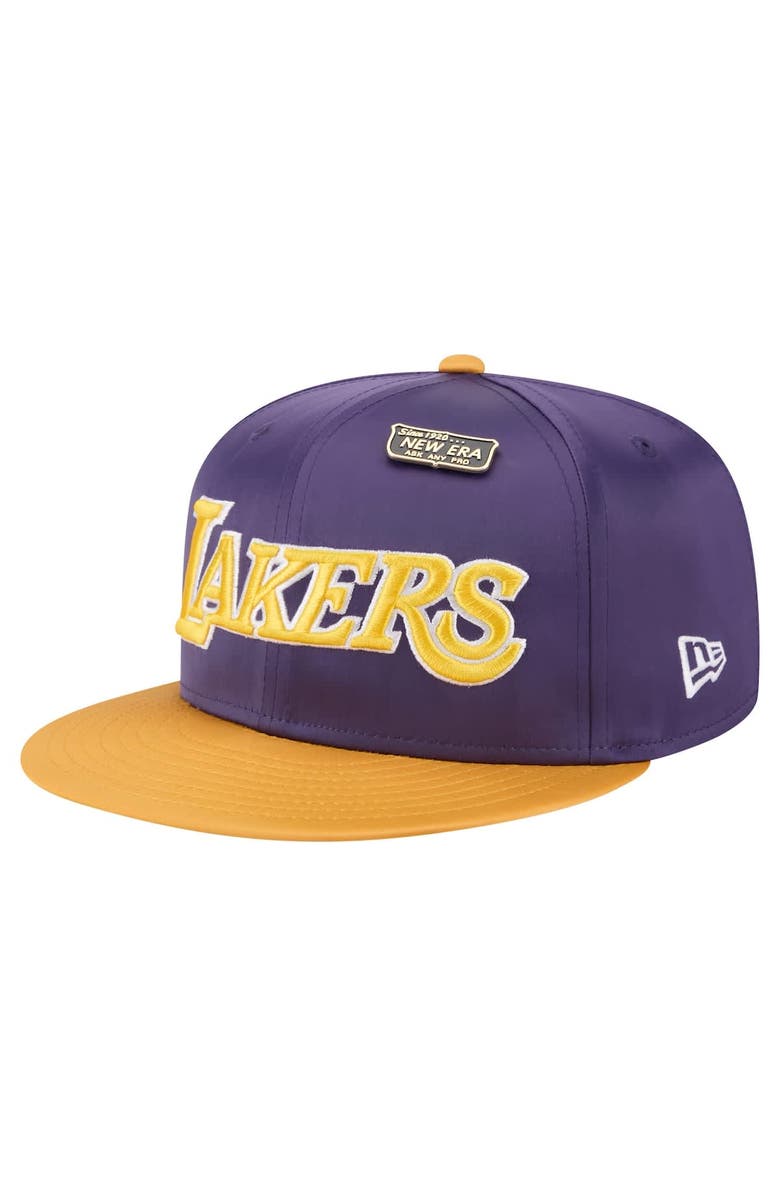 New Era Men's New Era Purple/Gold Los Angeles Lakers Throwback Satin Vintage Pin Two-Tone 59FIFTY Fitted Hat, Alternate, color, Purple