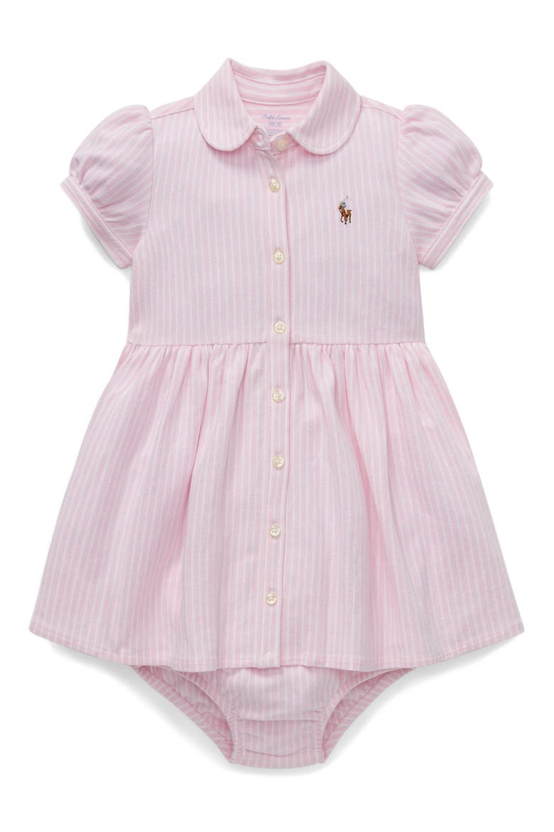 Oxford Stripe Cotton Piqué Dress & Bloomers, Main, color, CARMEL PINK/ WHITE