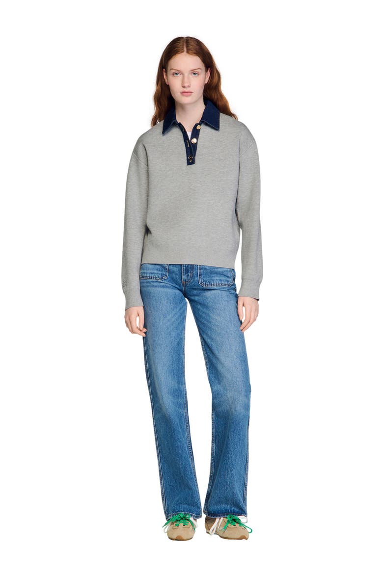 Sweater with denim collar, Main, color, Grey