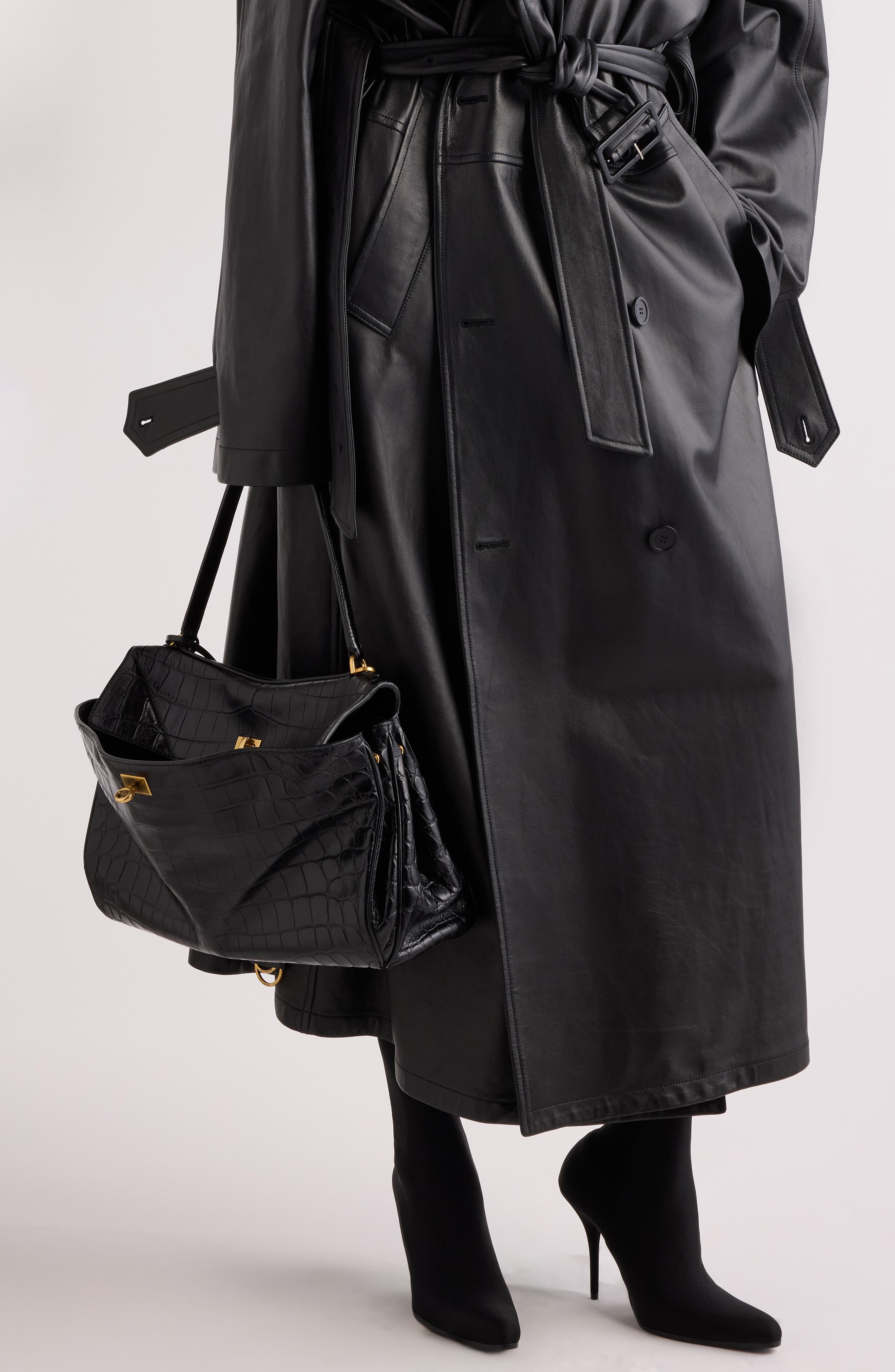 Balenciaga Medium Rodeo Croc Embossed Leather Shoulder Bag, Alternate, color, 1000 Black