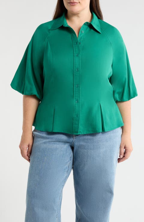 Bubble Sleeve Flare Button-Up Top (Plus)