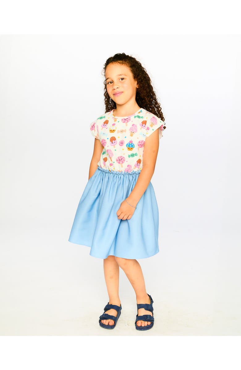 Deux par Deux Bi-Material Soft Jersey Short Sleeve Candy Dress, Alternate, color, White Printed With Candies