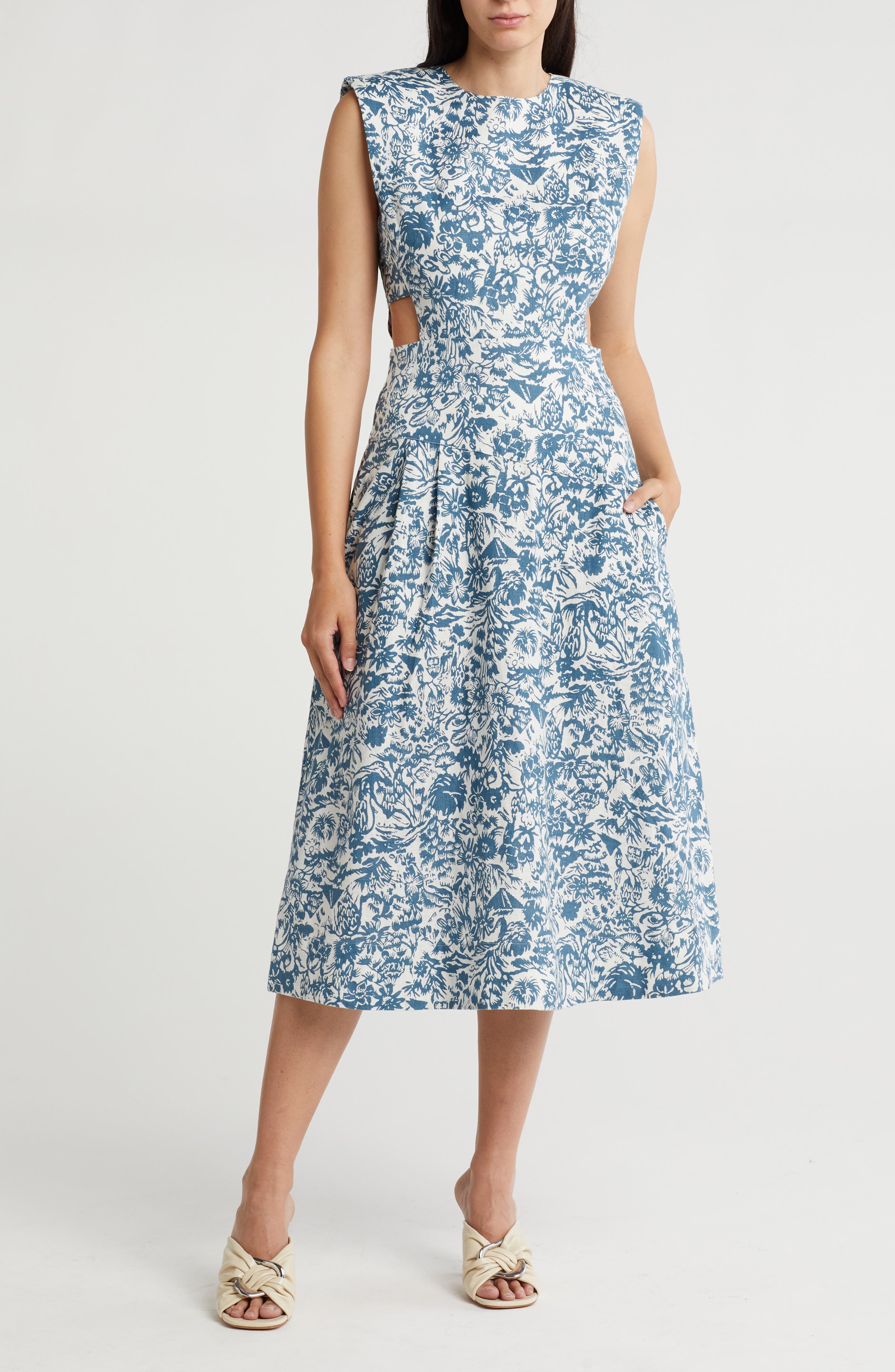 Ember Print Cutout Linen Midi Dress (Women) | Nordstromrack