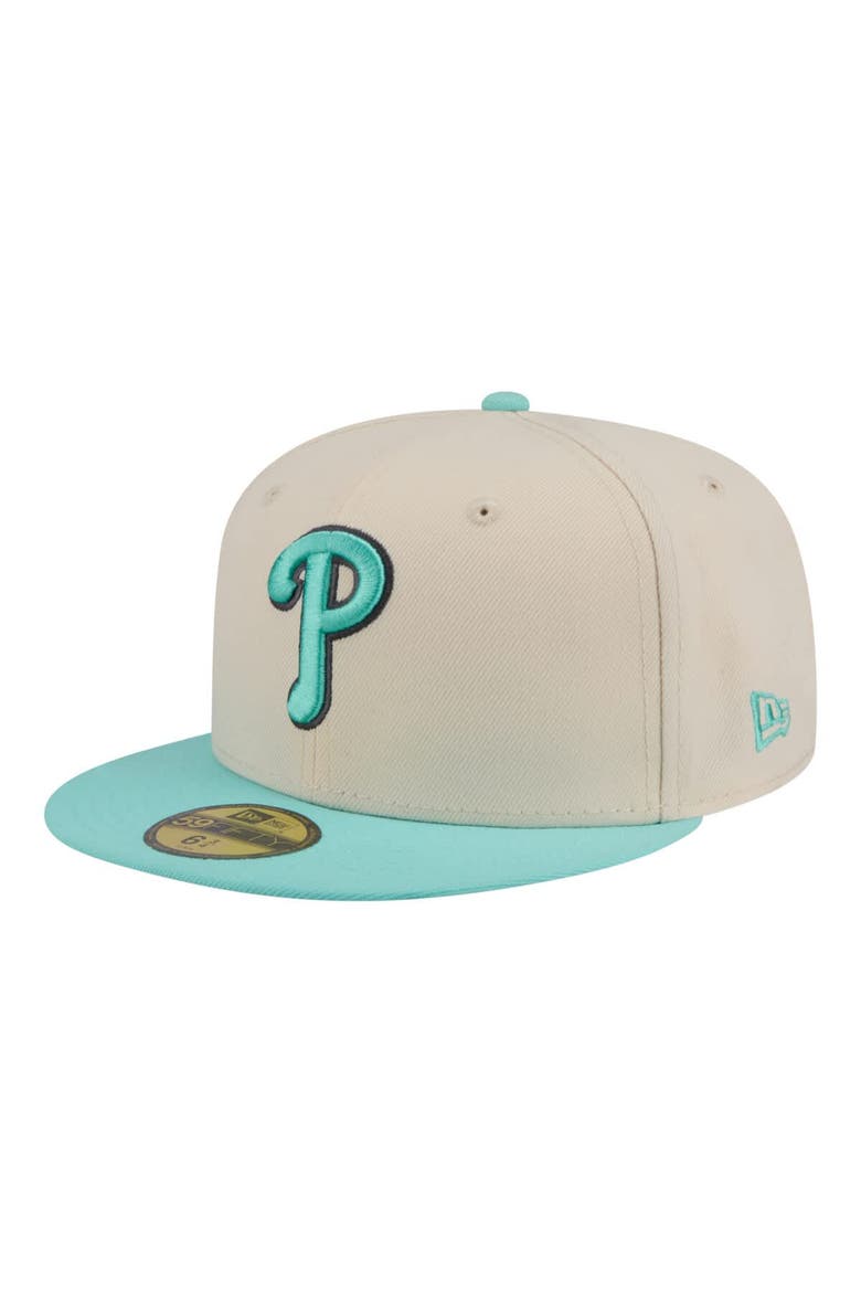 Men's New Era Light Beige/Turquoise Philadelphia Phillies Two-Tone Color Pack 59FIFTY Fitted Hat, Main, color, Light Beige