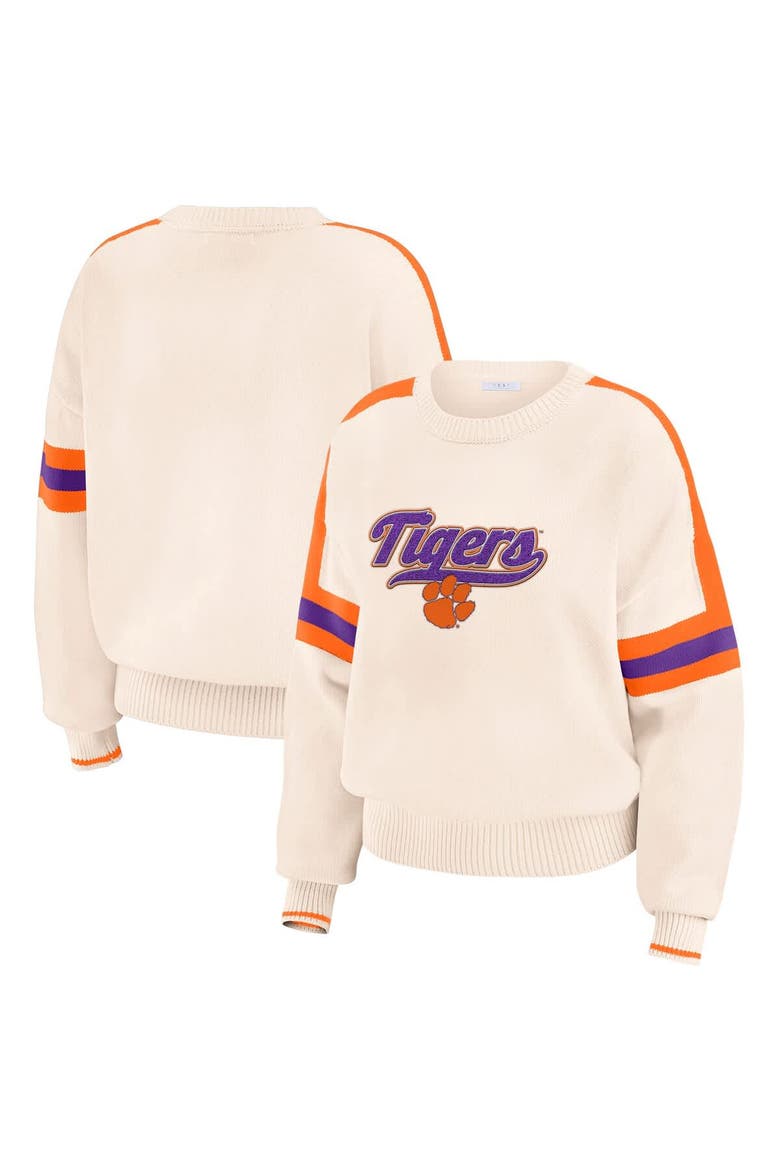 Women's WEAR by Erin Andrews  Cream Clemson Tigers Chenille Woven Patch Stripe Pullover Sweater, Main, color, Cream