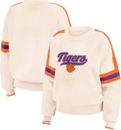 WEAR by Erin Andrews Women's WEAR by Erin Andrews  Cream Clemson Tigers Chenille Woven Patch Stripe Pullover Sweater