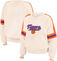WEAR by Erin Andrews Women's WEAR by Erin Andrews  Cream Clemson Tigers Chenille Woven Patch Stripe Pullover Sweater