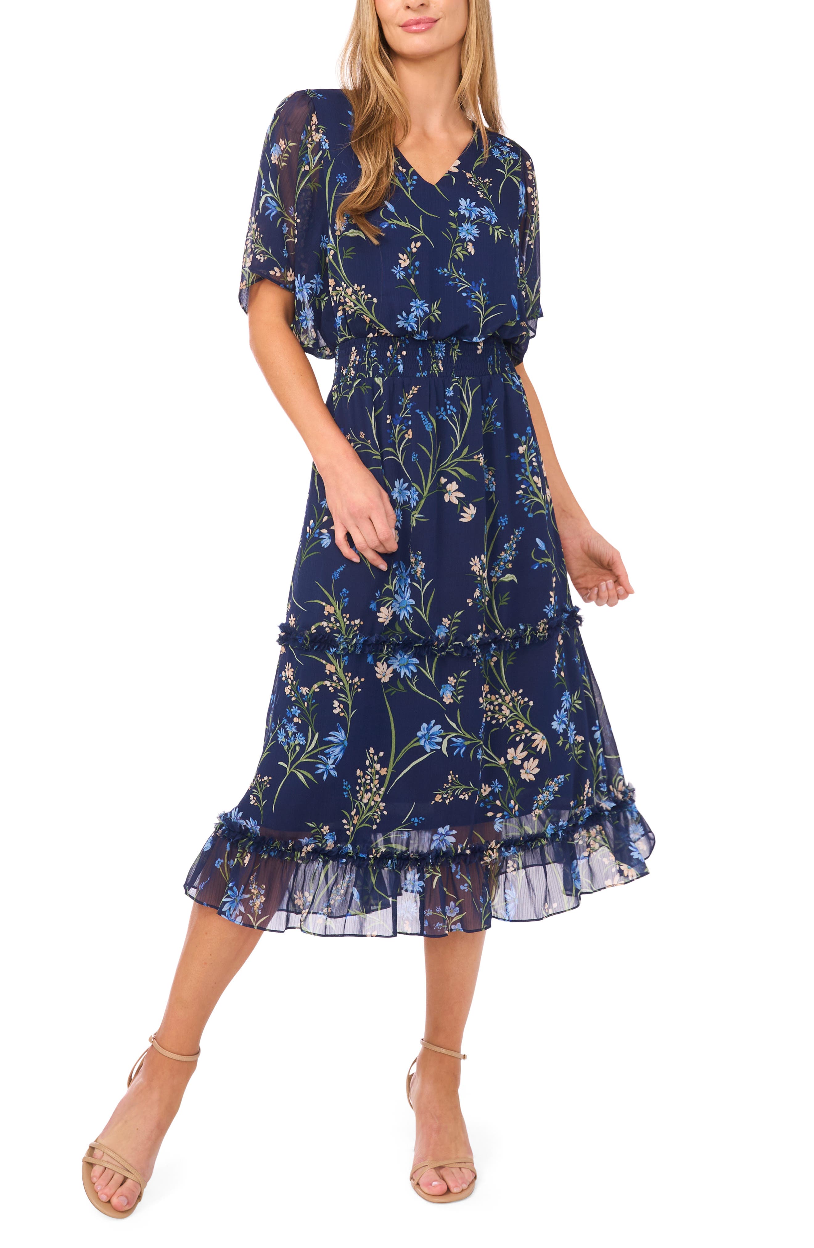 CeCe Floral Smock Waist Midi Dress