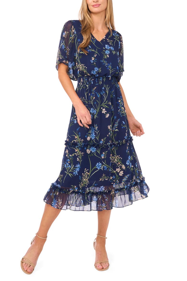 Floral Smock Waist Midi Dress, Main, color, CLASSIC NAVY
