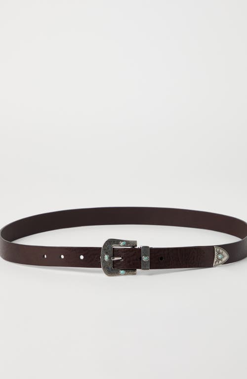 Brunello Cucinelli Leather Belt With Turquoise Stone Embellishments In Black
