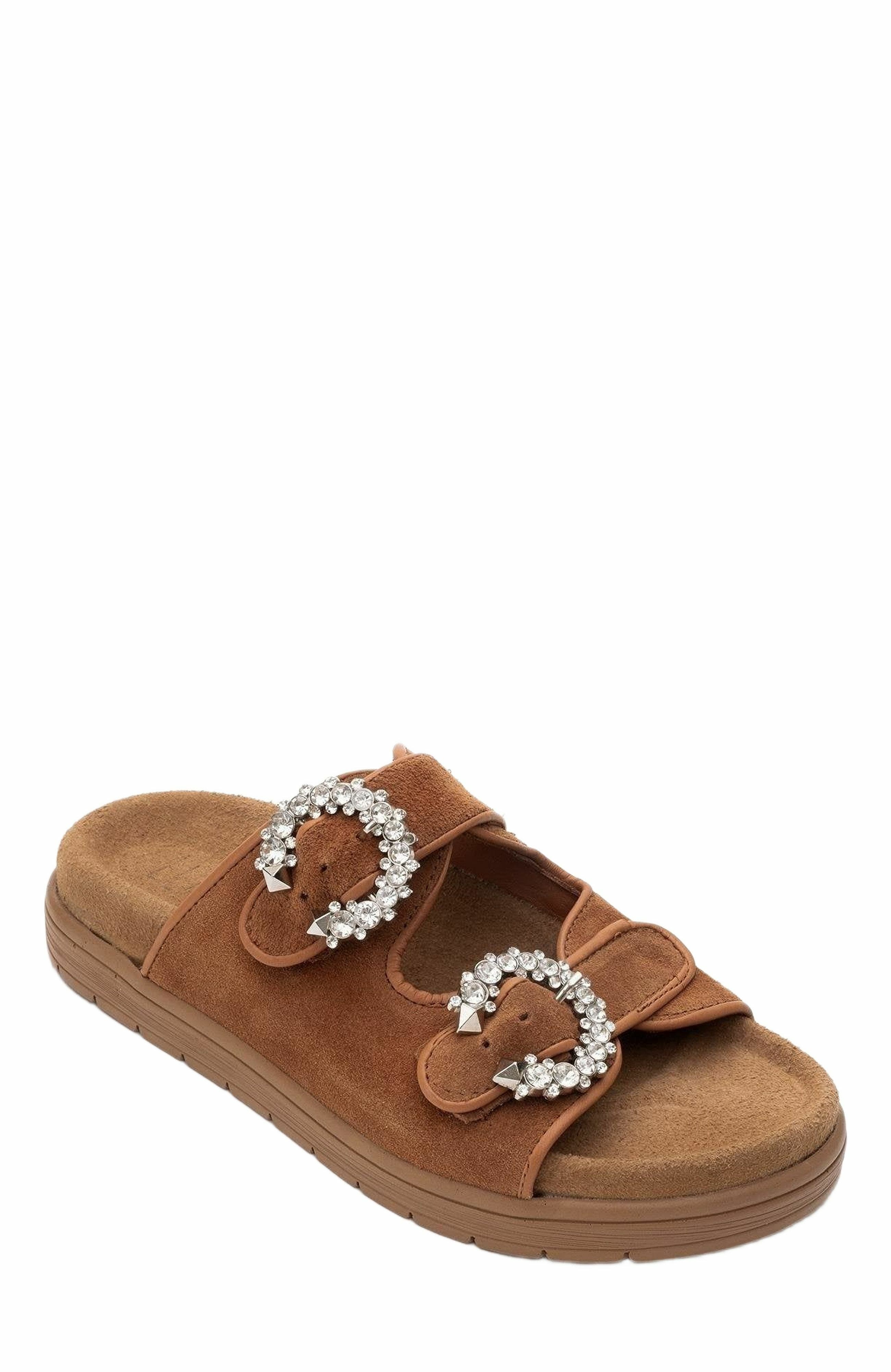 Forever & Always Shoes Morelia Suede Leather Slide Sandal, Alternate, color, Cognac Brown Suede Leather