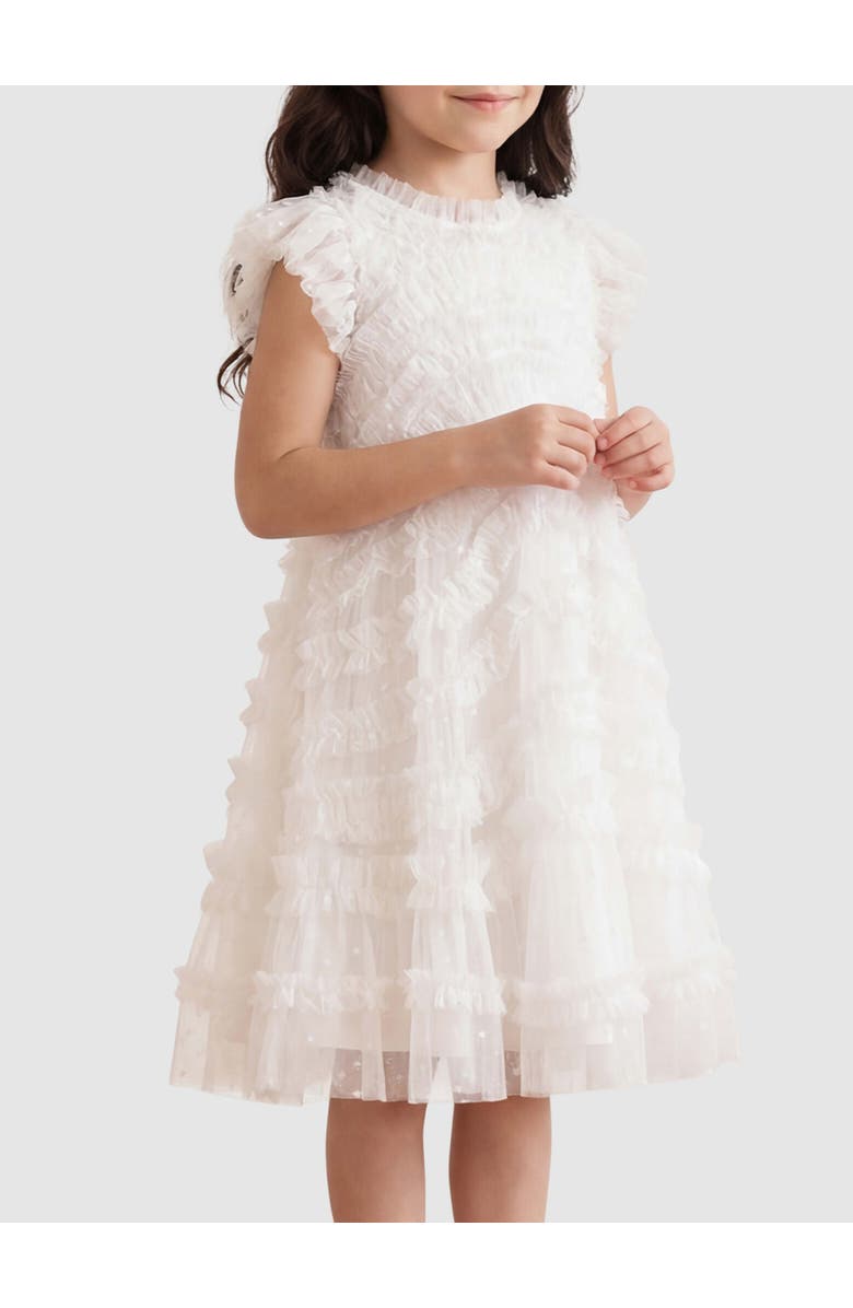 Needle & Thread Amara Ruffle Sleeve Kids Dress, Main, color, Swan White