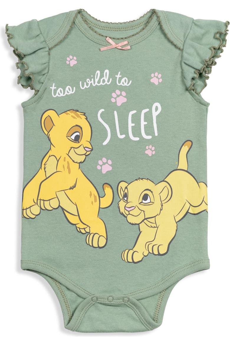 Lion King Girls' 5-Pack Short Sleeve Bodysuits, Alternate, color, Green Pink Grey White