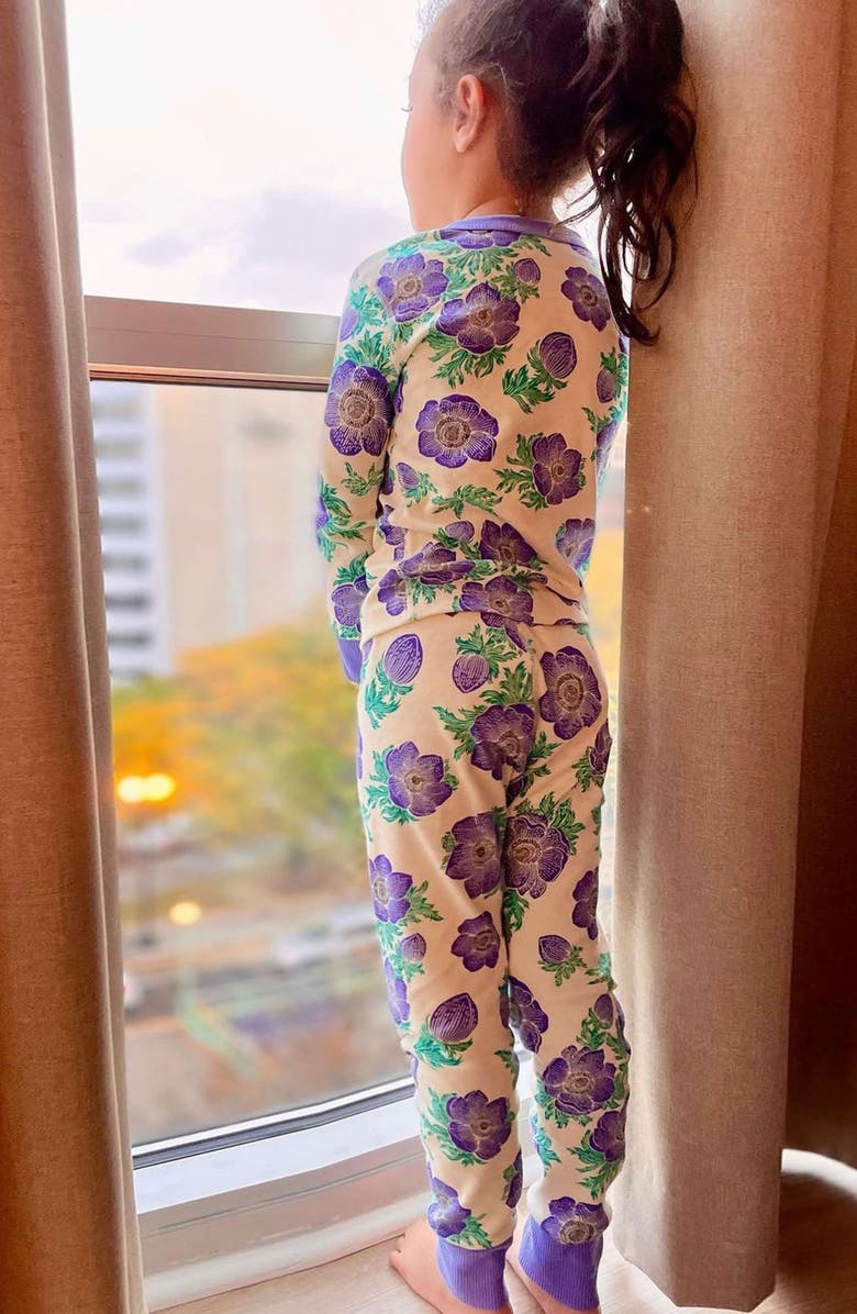 Mightly 100% Organic Cotton Print Long Sleeve Snug Fit Kids Pajamas, Alternate, color, Purple Poppy
