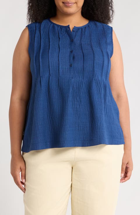 Crinkled Pintucked Sleeveless Henley Top (Plus)