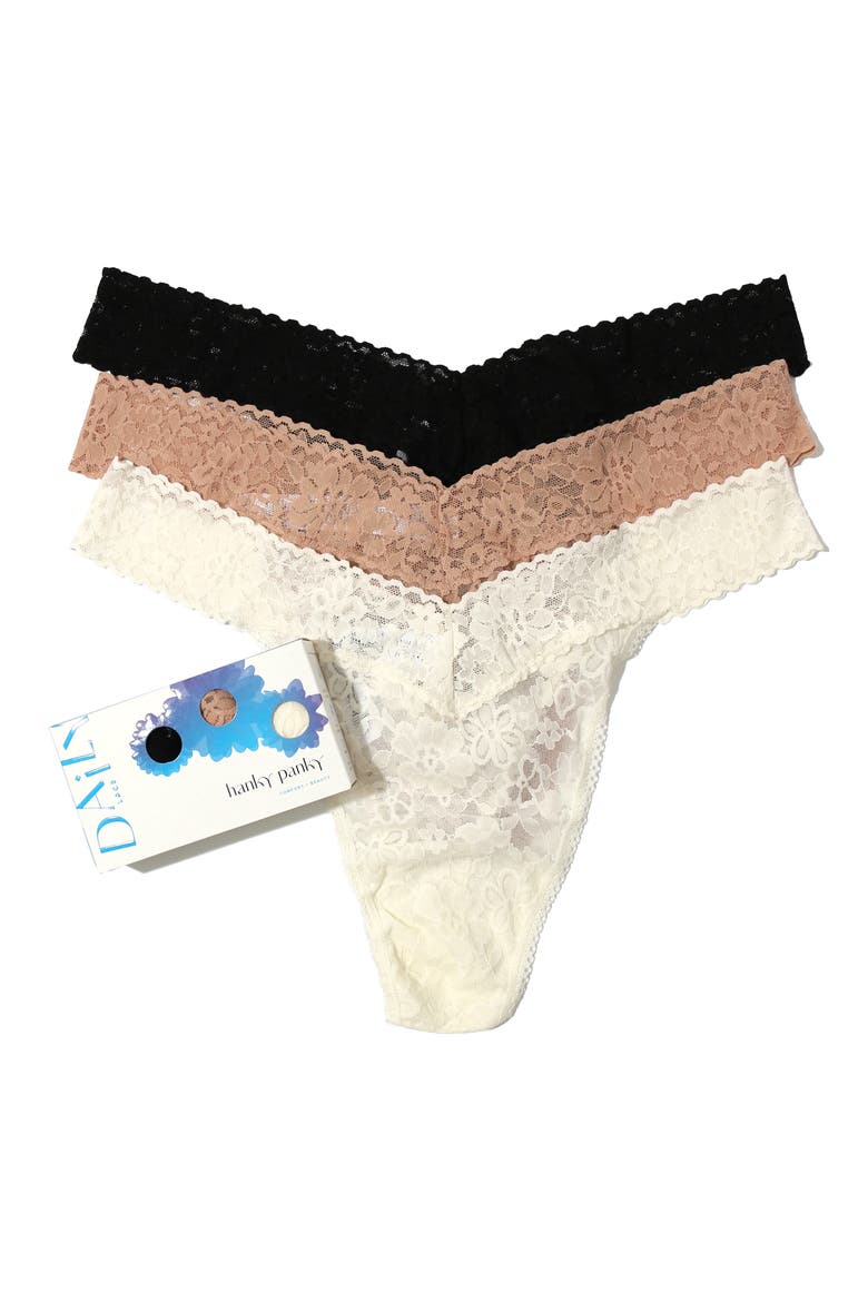 Daily Lace™ Assorted 3-Pack Original Rise Thongs, Main, color, BLA/ TAU/ MA