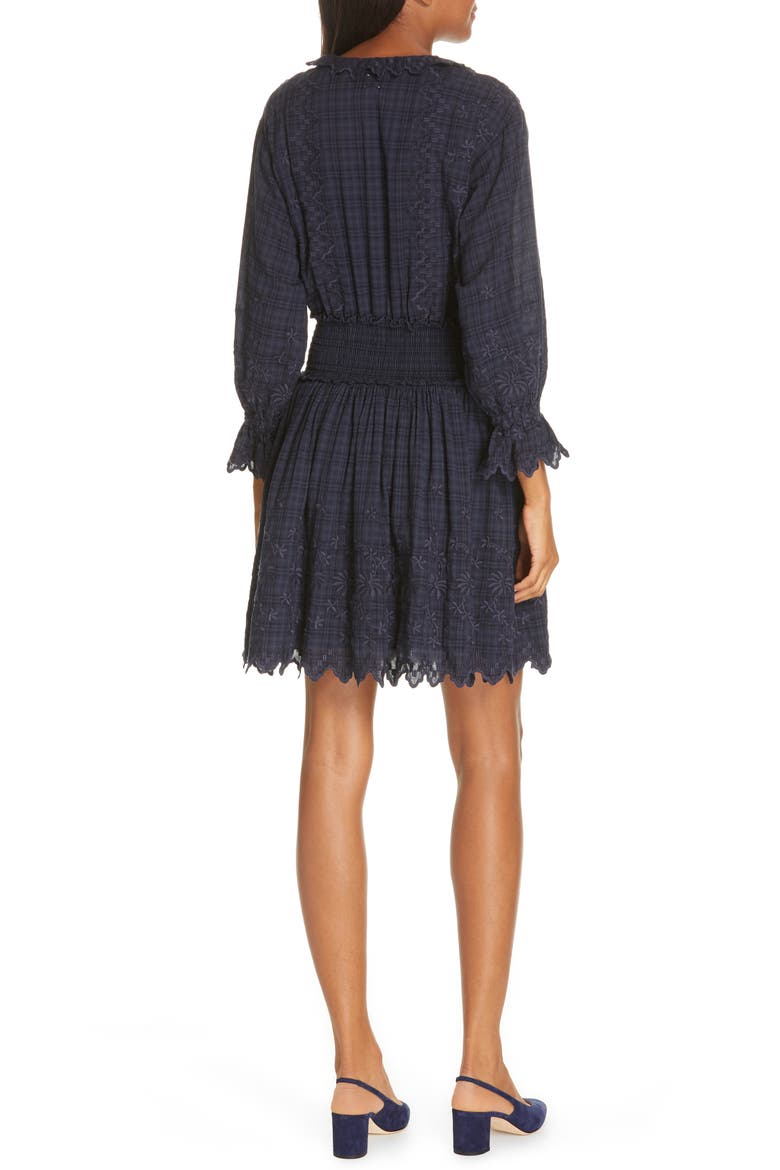 Embroidered Check Print Dress, Alternate, color, MIDNIGHT NAVY
