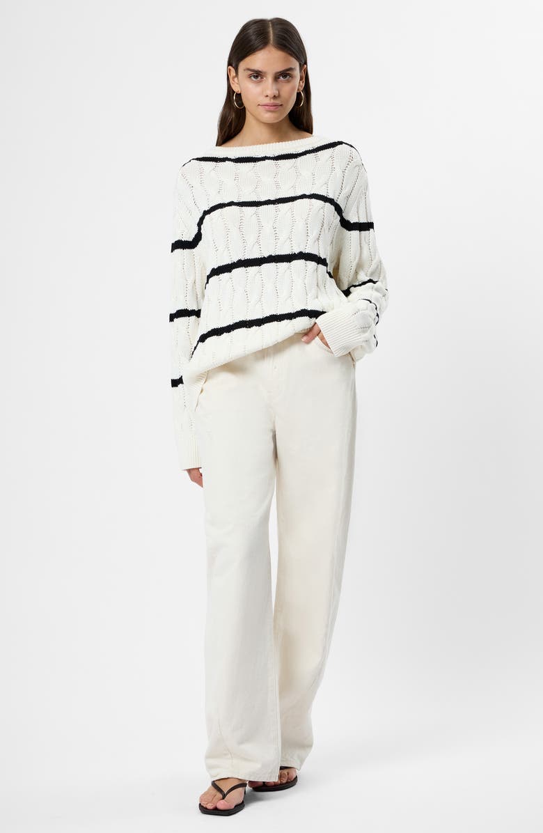 French Connection Mozart Stripe Cable Stitch Cotton Boat Neck Sweater, Alternate, color, 10-Porcelain Cream-Blac