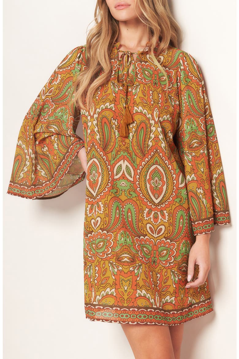 Print Long Sleeve Minidress, Alternate, color, CAMEL