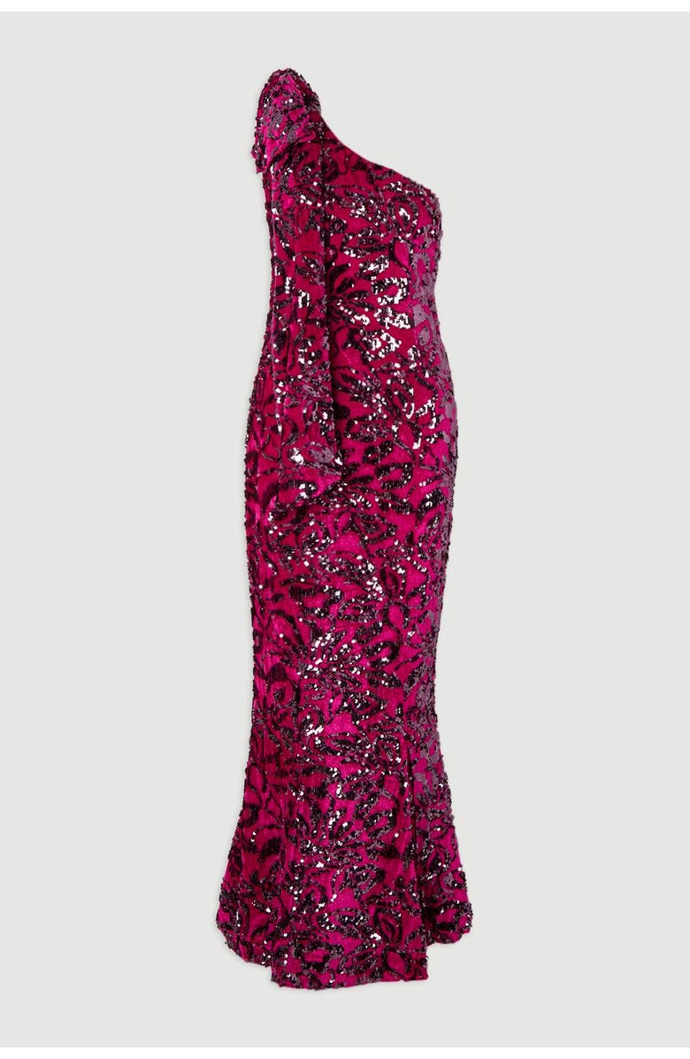 Karen Millen Velvet Sequin One Shoulder Maxi Dress, Alternate, color, Purple