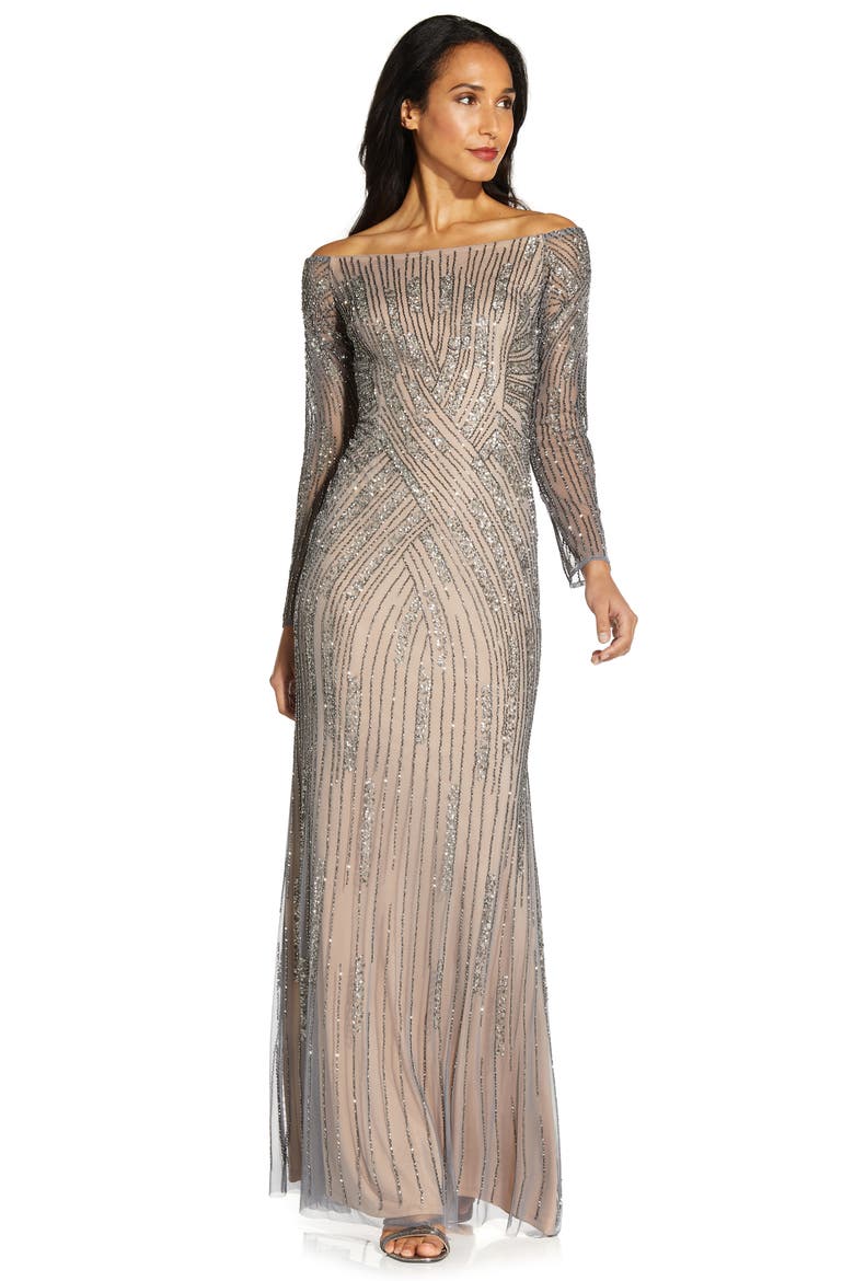 Beaded Long Sleeve Off the Shoulder Mermaid Gown, Alternate, color, STERLING