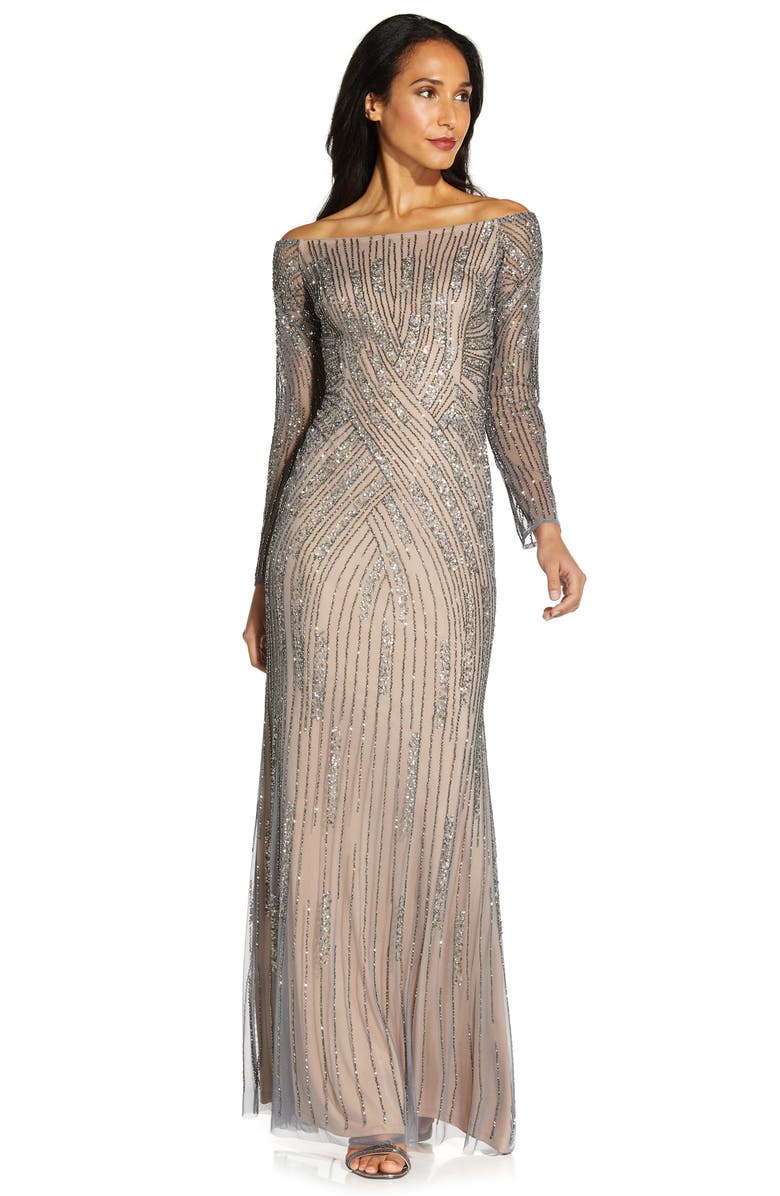 Adrianna Papell Beaded Long Sleeve Off the Shoulder Mermaid Gown, Alternate, color, Sterling