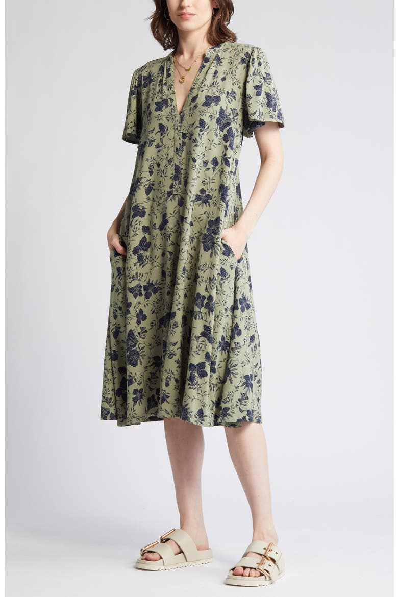 Floral Print Dress, Alternate, color, OLIVE- NAVY OLIVIA BLOOMS